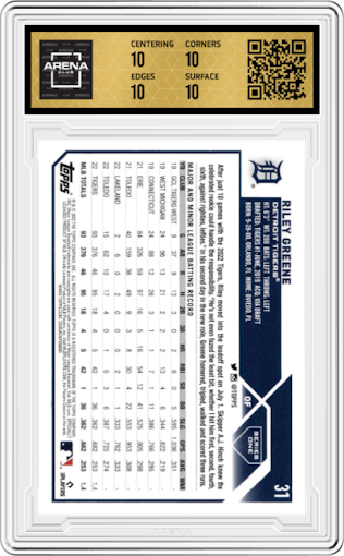 Riley Greene from the 2023 Topps Series 1 set graded by Arena Club and given an overall grade of 10.