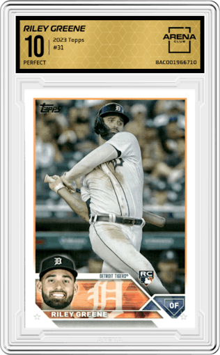 Riley Greene from the 2023 Topps Series 1 set graded by Arena Club and given an overall grade of 10.