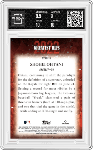 Shohei Ohtani from the 2023 Topps Series 1 set graded by Arena Club and given an overall grade of 9.5.