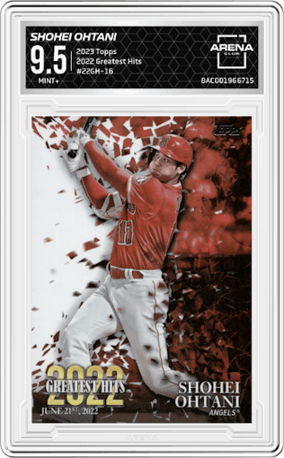 Shohei Ohtani from the 2023 Topps Series 1 set graded by Arena Club and given an overall grade of 9.5.