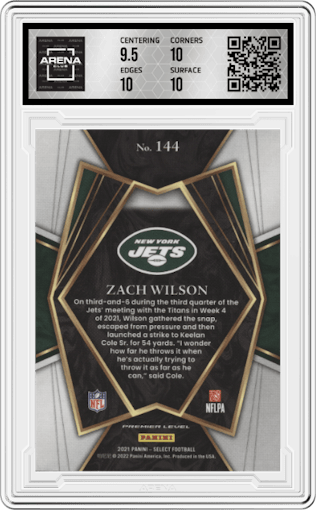 Zach Wilson from the 2021 Panini Select set graded by Arena Club and given an overall grade of 10.
