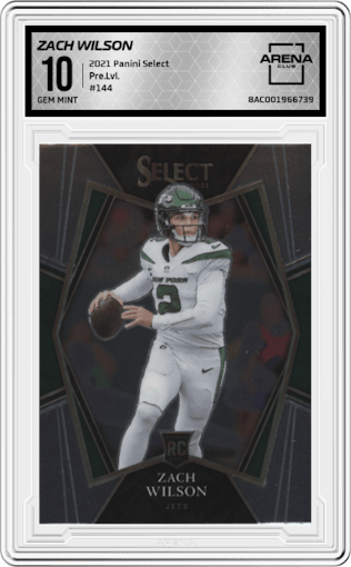 Zach Wilson from the 2021 Panini Select set graded by Arena Club and given an overall grade of 10.