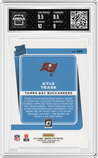 Kyle Trask from the 2021 Panini Donruss Optic set graded by Arena Club and given an overall grade of 9.5.