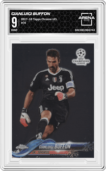 Gianluigi Buffon from the 2017-18 Topps Chrome UEFA Champions League set graded by Arena Club and given an overall grade of 9.