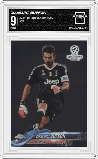 Gianluigi Buffon from the 2017-18 Topps Chrome UEFA Champions League set graded by Arena Club and given an overall grade of 9.