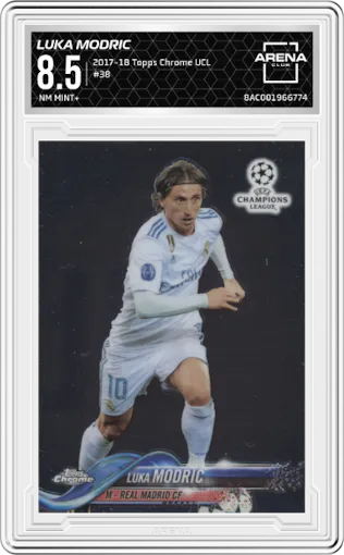 Luka Modric from the 2017-18 Topps Chrome UEFA Champions League set graded by Arena Club and given an overall grade of 8.5.