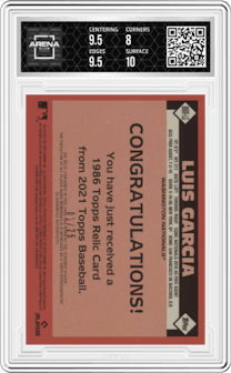 Luis Garcia from the 2021 Topps set featuring a Red parallel graded by Arena Club and given an overall grade of 8.5.
