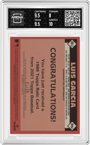 Luis Garcia from the 2021 Topps set featuring a Red parallel graded by Arena Club and given an overall grade of 8.5.