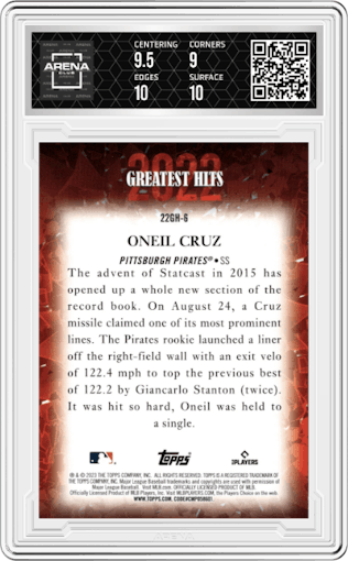 Oneil Cruz from the 2023 Topps Series 1 set graded by Arena Club and given an overall grade of 9.5.