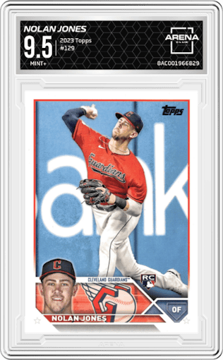 Nolan Jones from the 2023 Topps Series 1 set graded by Arena Club and given an overall grade of 9.5.