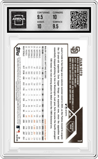 Juan Soto from the 2023 Topps Series 1 set graded by Arena Club and given an overall grade of 10.