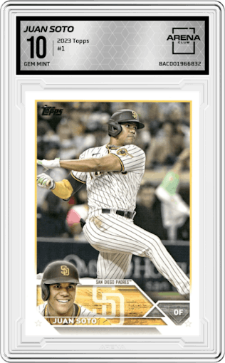 Juan Soto from the 2023 Topps Series 1 set graded by Arena Club and given an overall grade of 10.
