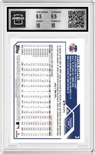 Bryce Harper from the 2023 Topps Series 1 set graded by Arena Club and given an overall grade of 10.