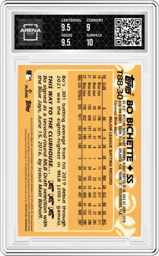 Bo Bichette from the 2023 Topps Series 1 set graded by Arena Club and given an overall grade of 9.5.