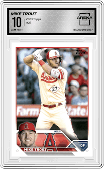 Mike Trout from the 2023 Topps Series 1 set graded by Arena Club and given an overall grade of 10.