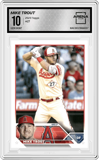 Mike Trout from the 2023 Topps Series 1 set graded by Arena Club and given an overall grade of 10.