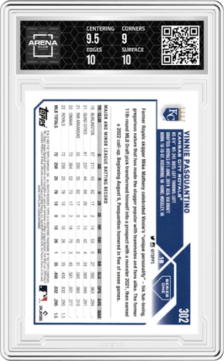 Vinnie Pasquantino from the 2023 Topps Series 1 set graded by Arena Club and given an overall grade of 9.5.