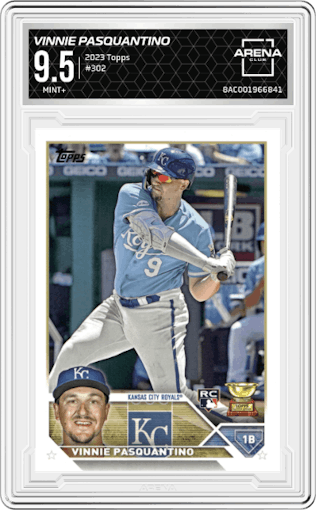 Vinnie Pasquantino from the 2023 Topps Series 1 set graded by Arena Club and given an overall grade of 9.5.