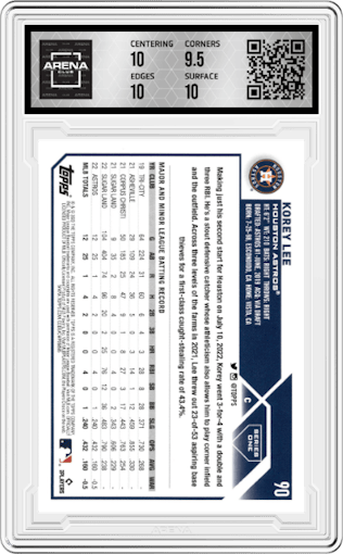 Korey Lee from the 2023 Topps Series 1 set graded by Arena Club and given an overall grade of 10.