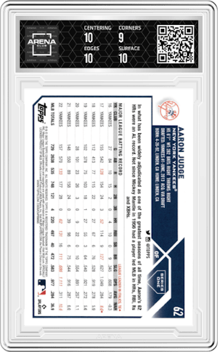 Aaron Judge from the 2023 Topps Series 1 set graded by Arena Club and given an overall grade of 9.5.