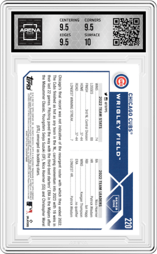 Chicago Cubs from the 2023 Topps Series 1 set graded by Arena Club and given an overall grade of 10.