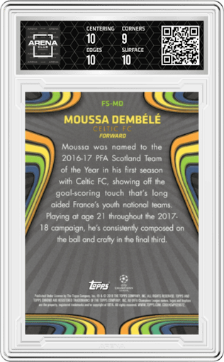 Moussa Dembele from the 2017-18 Topps Chrome UEFA Champions League set graded by Arena Club and given an overall grade of 9.5.