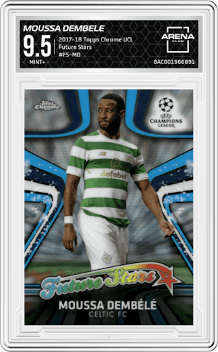 Moussa Dembele from the 2017-18 Topps Chrome UEFA Champions League set graded by Arena Club and given an overall grade of 9.5.