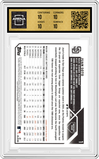 Juan Soto from the 2023 Topps Series 1 set graded by Arena Club and given an overall grade of 10.