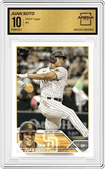 Juan Soto from the 2023 Topps Series 1 set graded by Arena Club and given an overall grade of 10.