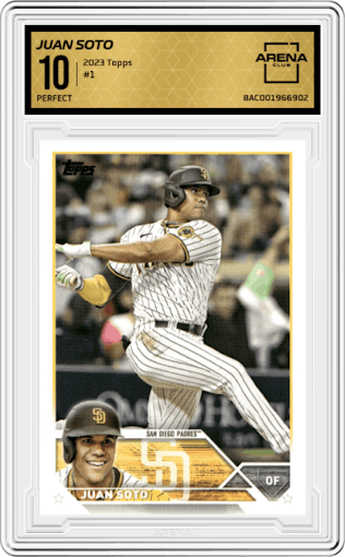 Juan Soto from the 2023 Topps Series 1 set graded by Arena Club and given an overall grade of 10.
