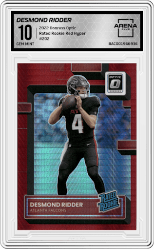 Desmond Ridder from the 2022 Panini Donruss Optic set featuring a Red Hyper parallel graded by Arena Club and given an overall grade of 10.