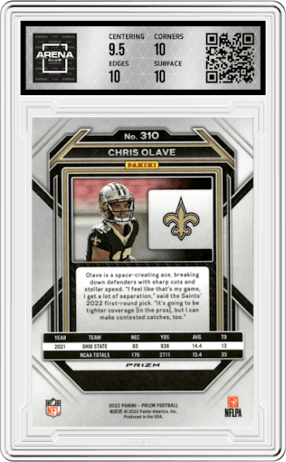 Chris Olave from the 2022 Panini Prizm set featuring a Orange Ice parallel graded by Arena Club and given an overall grade of 10.