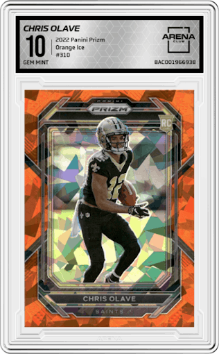 Chris Olave from the 2022 Panini Prizm set featuring a Orange Ice parallel graded by Arena Club and given an overall grade of 10.
