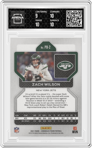 Zach Wilson from the 2021 Panini Chronicles set graded by Arena Club and given an overall grade of 9.5.