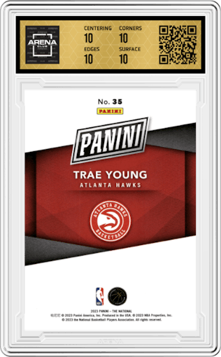 Trae Young from the 2023 Panini The National VIP set featuring a Orange parallel graded by Arena Club and given an overall grade of 10.