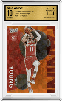 Trae Young from the 2023 Panini The National VIP set featuring a Orange parallel graded by Arena Club and given an overall grade of 10.