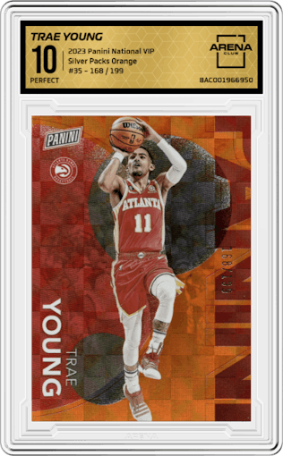 Trae Young from the 2023 Panini The National VIP set featuring a Orange parallel graded by Arena Club and given an overall grade of 10.