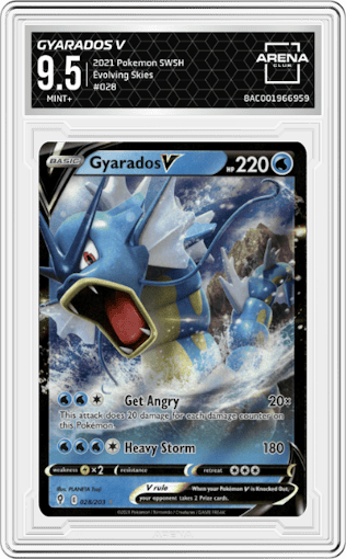 Gyarados V from the 2021 Pokemon SWSH set graded by Arena Club and given an overall grade of 9.5.