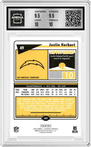 Justin Herbert from the 2022 Panini Classics set featuring a Timeless Tribute Green parallel graded by Arena Club and given an overall grade of 10.
