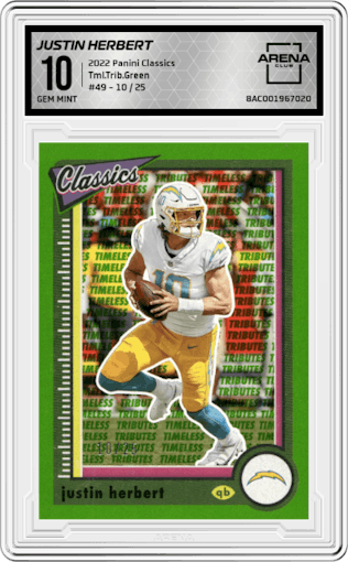 Justin Herbert from the 2022 Panini Classics set featuring a Timeless Tribute Green parallel graded by Arena Club and given an overall grade of 10.