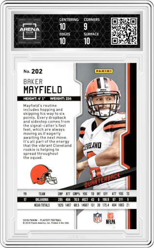 Baker Mayfield from the 2018 Panini Playoff set graded by Arena Club and given an overall grade of 9.5.