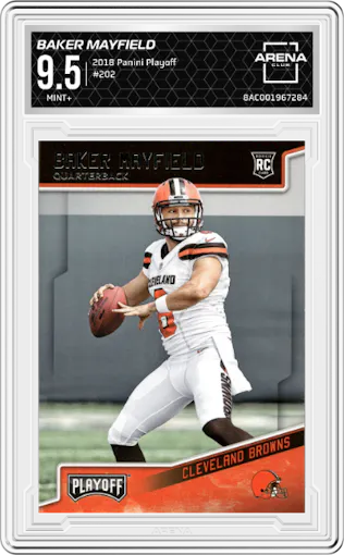 Baker Mayfield from the 2018 Panini Playoff set graded by Arena Club and given an overall grade of 9.5.