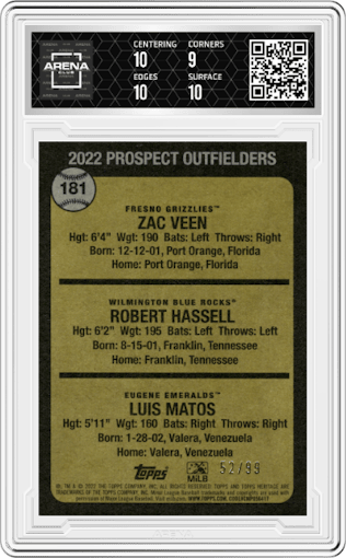 Zac Veen/Robert Hassell/Luis Matos from the 2022 Topps Heritage Minor League set featuring a Blue parallel graded by Arena Club and given an overall grade of 9.5.
