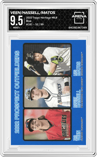 Zac Veen/Robert Hassell/Luis Matos from the 2022 Topps Heritage Minor League set featuring a Blue parallel graded by Arena Club and given an overall grade of 9.5.