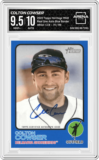 Colton Cowser from the 2022 Topps Heritage Minor League set featuring a Blue Border parallel graded by Arena Club and given an overall grade of 9.5.