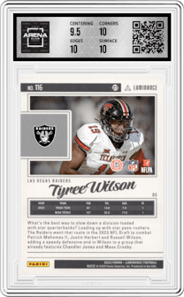 Tyree Wilson from the 2023 Panini Luminance set featuring a Black parallel graded by Arena Club and given an overall grade of 10.