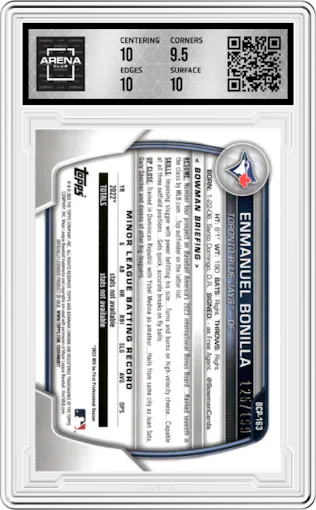 Enmanuel Bonilla from the 2023 Bowman Chrome set featuring a Fuchsia Shimmer Refractor parallel graded by Arena Club and given an overall grade of 10.