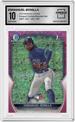 Enmanuel Bonilla from the 2023 Bowman Chrome set featuring a Fuchsia Shimmer Refractor parallel graded by Arena Club and given an overall grade of 10.