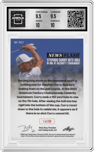 Stephen Curry from the 2023 Leaf Web Exclusives set graded by Arena Club and given an overall grade of 10.