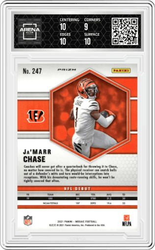 Ja'Marr Chase from the 2021 Panini Mosaic set featuring a Pink Camo parallel graded by Arena Club and given an overall grade of 9.5.